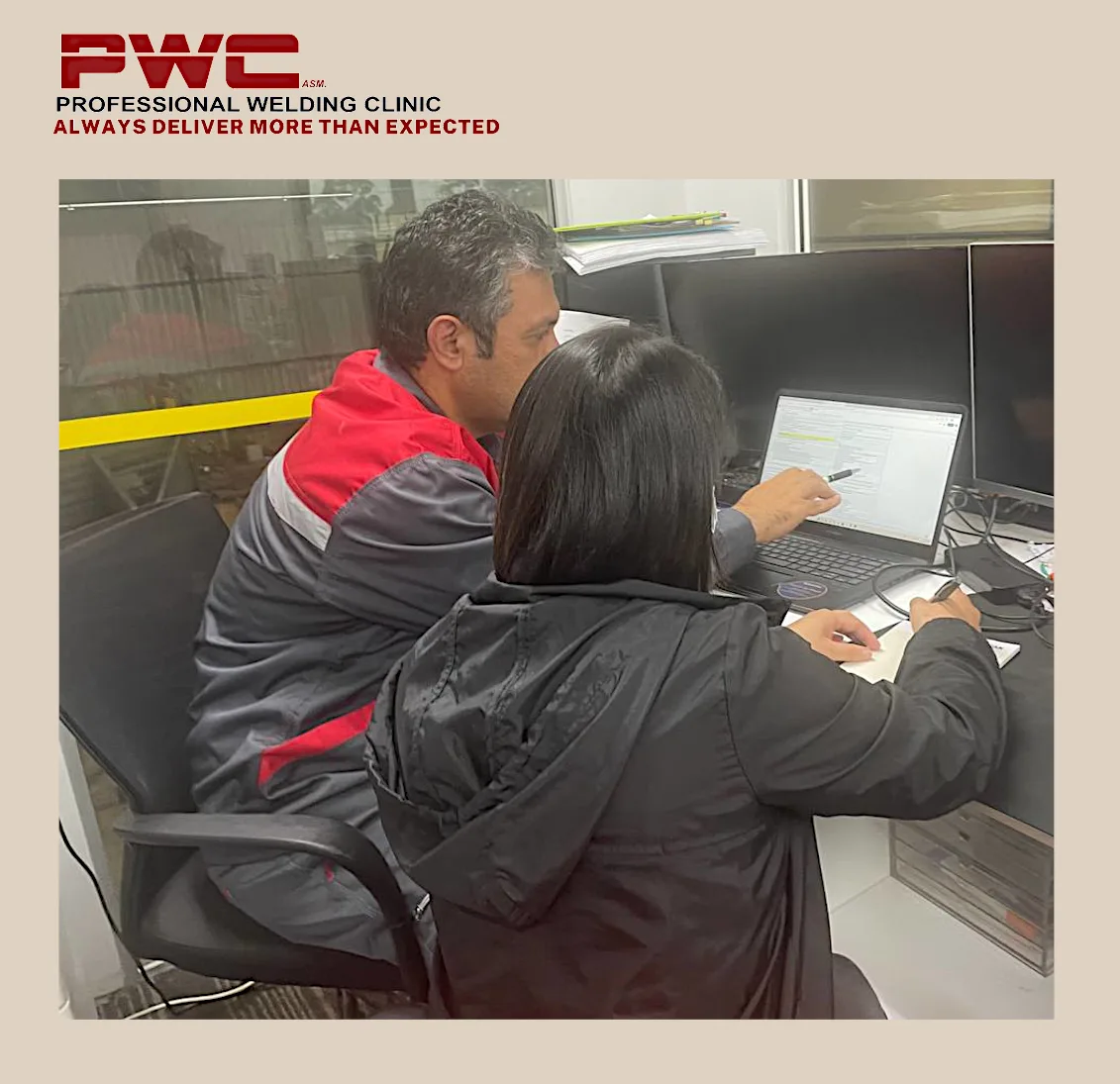 Reviewing weld records with the client.
