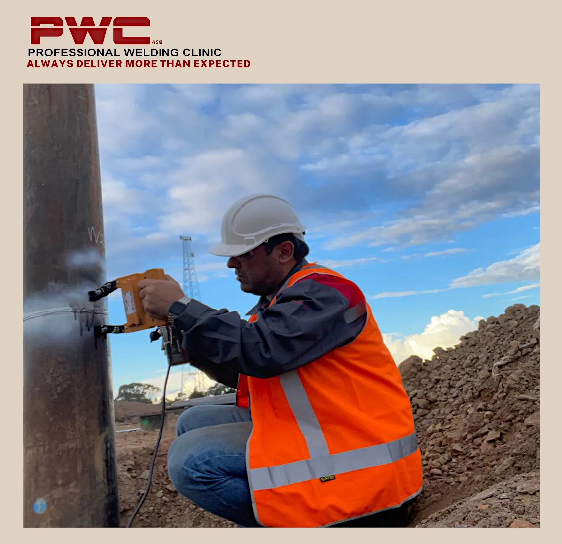 Surface preparation before NDT on a pipeline weld.