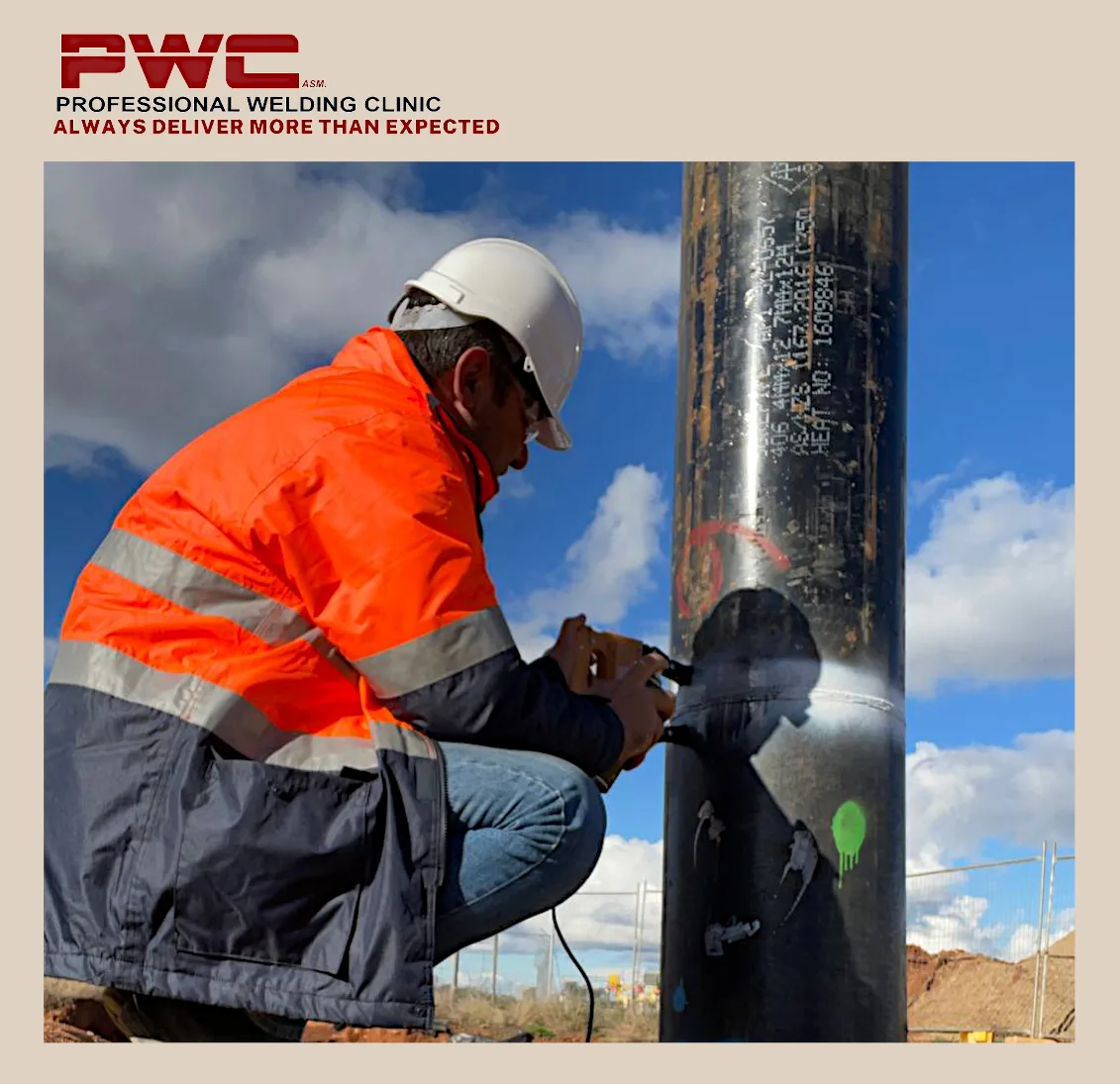 Weld inspection on a pipeline riser.